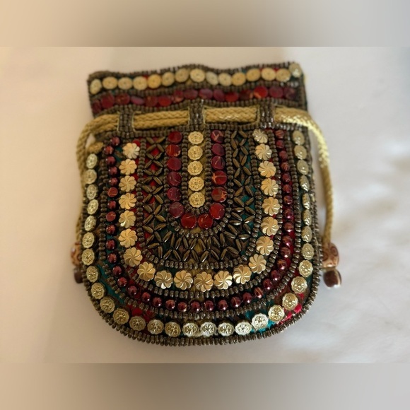 Bohemian Beaded Vibrant Red And Gold Drawstring Closure Small Unique Bag - Picture 4 of 10